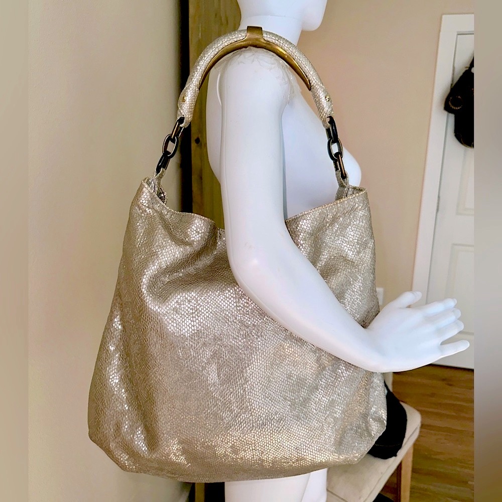 Stunning R&Y Augousti metallic silver embossed leather enamel hardware bronze